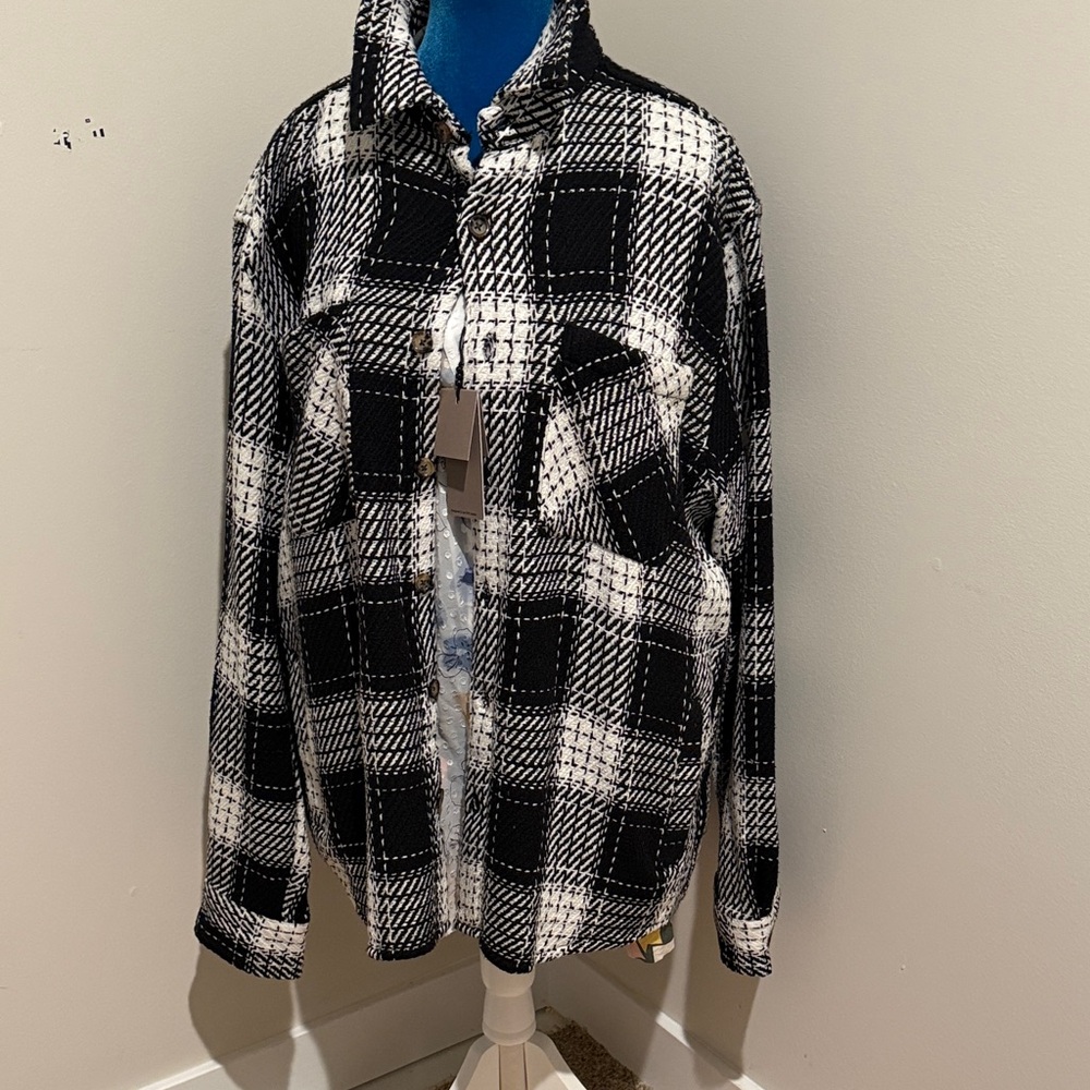 Unisex Black and White Plaid shirt Jacket pockets button Large men’s